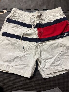 Tommy Hilfiger White & Navy Striped Swim Shorts with Red Accent